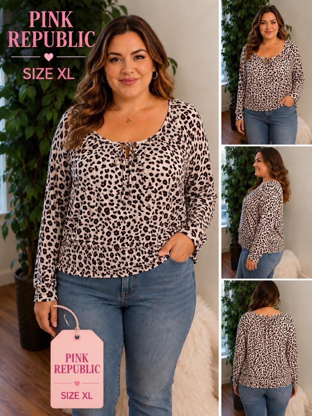 Pink Republic Leopard Print Smocked Hem Long Sleeve Top Size XL